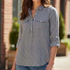 Women’s Merona Plaid Button Down Long Sleeve Shirt Black And White Size Medium